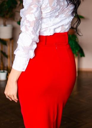 Шикарная красная юбка карандаш с поясом3 фото