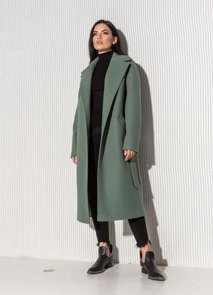 Пальто женское, миди, с поясом, оливковое, шерстяное, демисезонное, осеннее, весеннее2 фото
