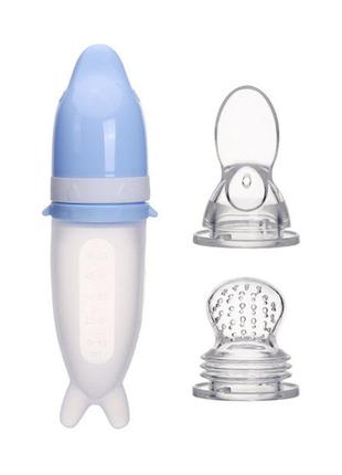 Бутылочка с ложкой и ниблер насадкой сеточка силиконовая для кормления дельфинчик голубой bld09