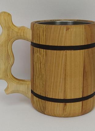 Дерев'яний пивний кухоль з металевою вставкою ручної роботи 0.5 л.