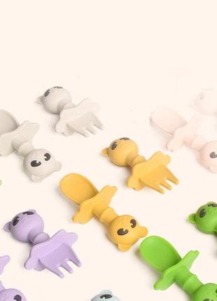 Приборы силиконовые детские мини ложка и вилка панда фиолетовые pmp-y02