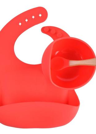 Набір посуду силіконова тарілка з ложкою та слинявчик червоний nts1-y06