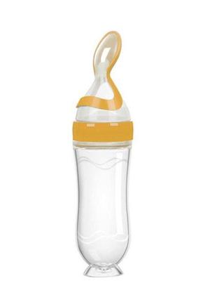 Бутылочка с ложкой силиконовая для кормления на присоске желтая blp111 фото