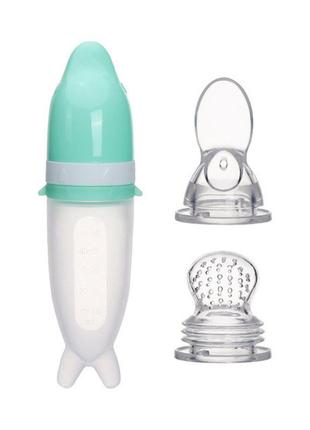 Бутылочка с ложкой и ниблер насадкой сеточка силиконовая для кормления дельфинчик зелёная bld13