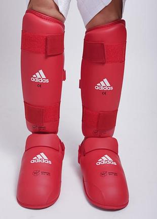 Захист гомілки та стопи для карате adidas з ліцензією wkf червоний зі знімною стопою захист з усіх боків.