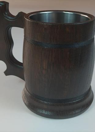 Деревянная пивная кружка с металлической вставкой ручной работы 0.5 л.1 фото