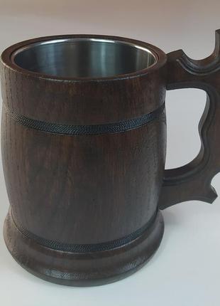 Дерев'яний пивний кухоль з металевою вставкою ручної роботи 0.5 л.3 фото