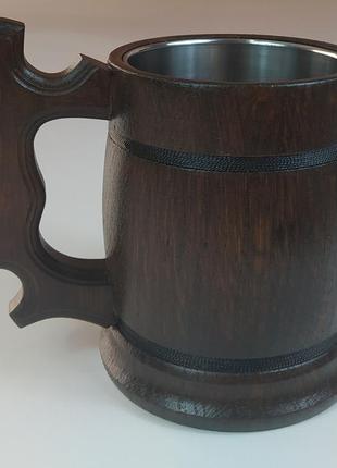 Деревянная пивная кружка с металлической вставкой ручной работы 0.5 л.2 фото