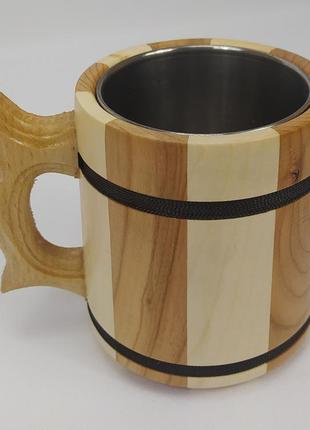 Дерев'яний пивний кухоль з металевою вставкою ручної роботи 0.3 л.