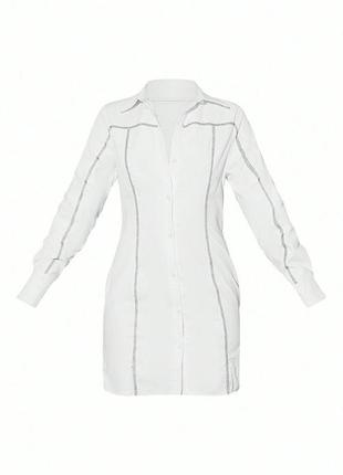 Оригинальное белое платье рубашка с контрастными строчками английского бренда prettylittlething4 фото