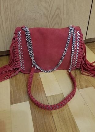 Замшевая сумка zara, кожаная сумка кросбоди, сумка через плечо, сумка с бахрамой, красная сумка, шкіряна сумка zara