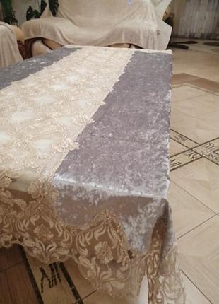 Велюрова скатертина з кружевом. качественная велюровая кружевная скатерть 150*220