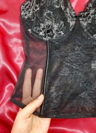 Идеальный чёрный чорний кружевной винтажный сексуальный корсет с мягкими паролоновыми чашками без пушапа чашка в с в сеточку с вышивкой5 фото