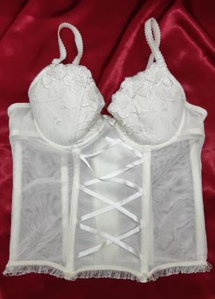 Белый білий молочный кружевной винтажный сексуальный корсет в сеточку с вышивкой однотонный с мягкими паролоновыми чашками на бретелях чашка с в2 фото