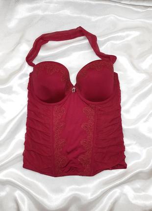 Розовый красный червоний кружевной винтажный сексуальный малиновый в сеточку сетку корсет на шею однотонный с мягкими паролоновыми чашками  чашка с д1 фото
