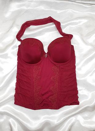 Розовый красный червоний кружевной винтажный сексуальный малиновый в сеточку сетку корсет на шею однотонный с мягкими паролоновыми чашками  чашка с д