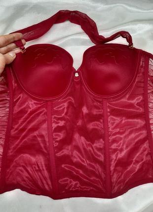 Розовый красный червоний кружевной винтажный сексуальный малиновый в сеточку сетку корсет на шею однотонный с мягкими паролоновыми чашками  чашка с д8 фото