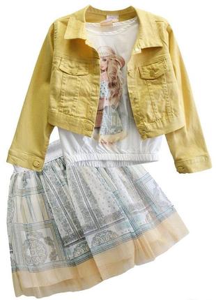Костюм 3-ка горчичный (куртка+юбка+футболка) для девочки (116 см.)  moonstar 1604180452544