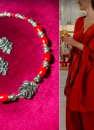 Кольє сережки натуральний корал крапельне срібло циркони, набір плаття блузка костюм топ сумка бохо