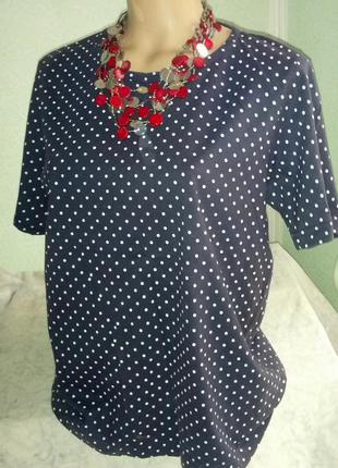 Красива натуральна синя в горошок футболка,46-54разм,пог-52-60см.