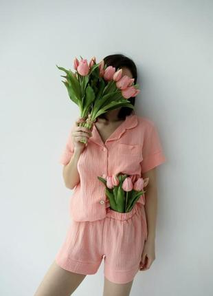 Муслін піжама трійка рожева пудра котон сорочка шорти штани пижама муслин рубашка тройка котон2 фото