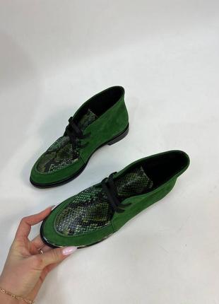 Эксклюзивные ботинки высокие лоферы из натуральной итальянской кожи и замша зелёные2 фото