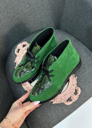 Эксклюзивные ботинки высокие лоферы из натуральной итальянской кожи и замша зелёные3 фото