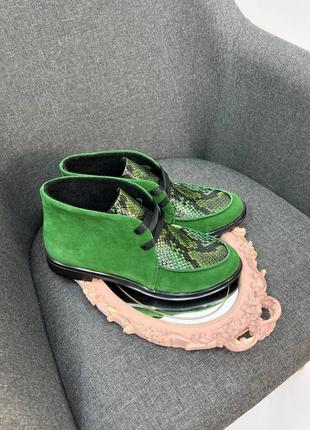 Эксклюзивные ботинки высокие лоферы из натуральной итальянской кожи и замша зелёные6 фото