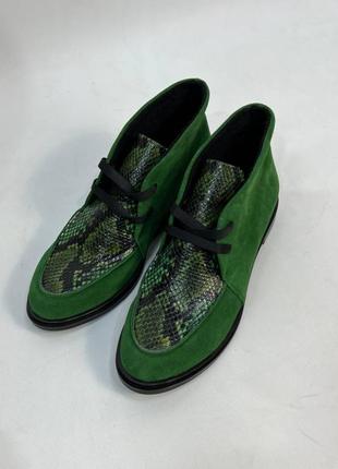 Эксклюзивные ботинки высокие лоферы из натуральной итальянской кожи и замша зелёные