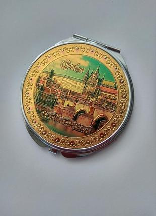 Винтажное карманное зеркальце с гравировкой praga ceska republika, сталь позолота.
