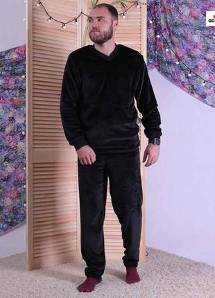 Пижама мужская махровая теплая черная, домашняя пижама зимняя однотонная батал 44-60р.1 фото