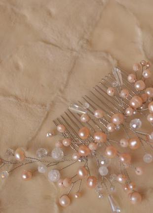 Весільний гребінь з рожевих перлів і кварцу "каприз"2 фото