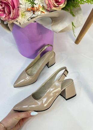 Эксклюзивные туфли босоножки из натуральной итальянской кожи лак бежевые1 фото