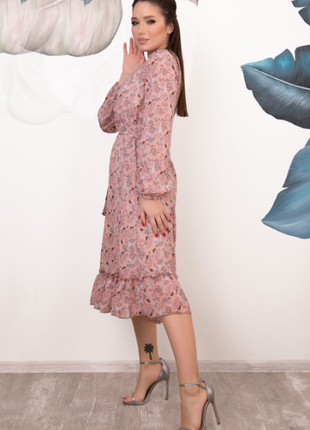 Платье-трапеция миди шифон свободное воланы принт цветы классика деми2 фото