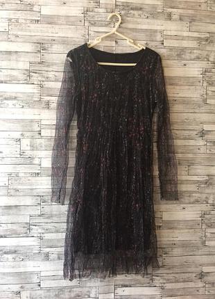 Платье фатин,тюлевые,прозрачные рукава,цветочный принт