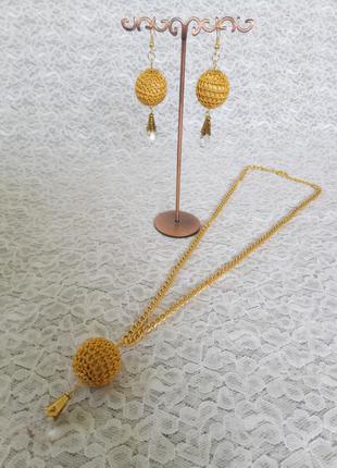 Комплект прикрас "золоті краплі", кулон,намисто, сережки2 фото