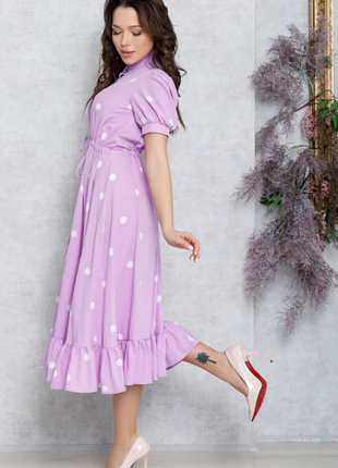 Приталене ділове плаття-сорочка міді в горох волан кльош на гудзиках3 фото