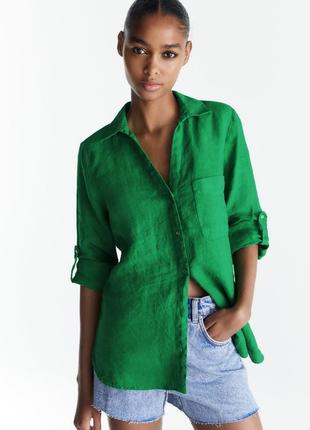 Льняная рубашка из льна зелёная zara оригинал