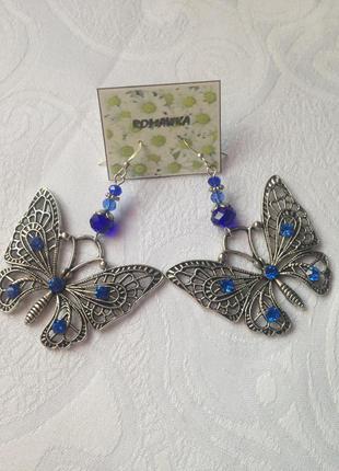 Синие серьги бабочки с кулоном2 фото