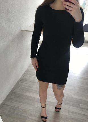 Платье черное короткое мини текстурная ткань длинный рукав сукня чорна черная7 фото