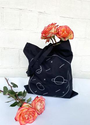 Еко-сумка для покупок з малюнком "всесвіт", шоппер бязь 38х42 чорна, сумка ручної роботи універсальна