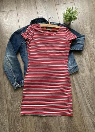 Трикотажное платье футболка красное в полоску3 фото