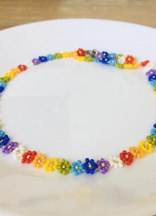 Радужный цветочный чокер из бисера, бисерное ожерелье в цветах радуги2 фото