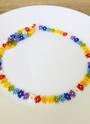 Радужный цветочный чокер из бисера, бисерное ожерелье в цветах радуги3 фото
