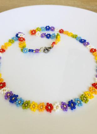 Радужный цветочный чокер из бисера, бисерное ожерелье в цветах радуги4 фото