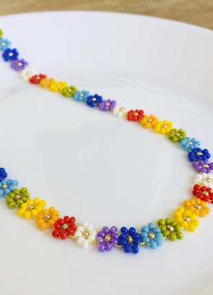 Радужный цветочный чокер из бисера, бисерное ожерелье в цветах радуги5 фото