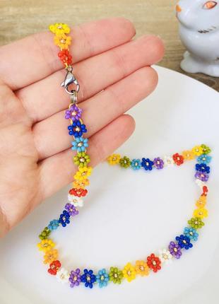 Радужный цветочный чокер из бисера, бисерное ожерелье в цветах радуги7 фото