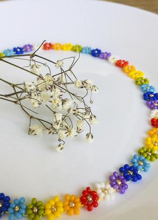 Радужный цветочный чокер из бисера, бисерное ожерелье в цветах радуги10 фото