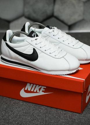 Мужские кожаные кроссовки nike cortez (белые с чёрным) #найк