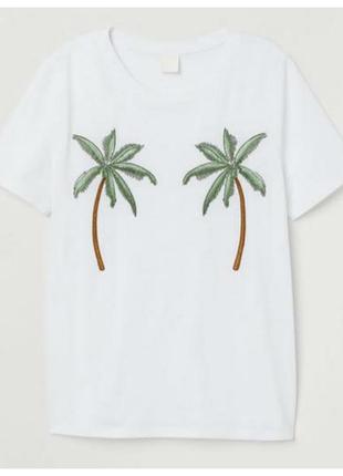 Белая хлопковая футболка с вышитыми пальмами ✨h&m✨ хлопок3 фото
